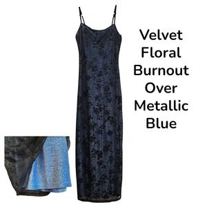 Vtg Byer Too Blue Sparkle Black Velvet Floral Maxi Dress MEDIUM Whimsigoth‎ Gown